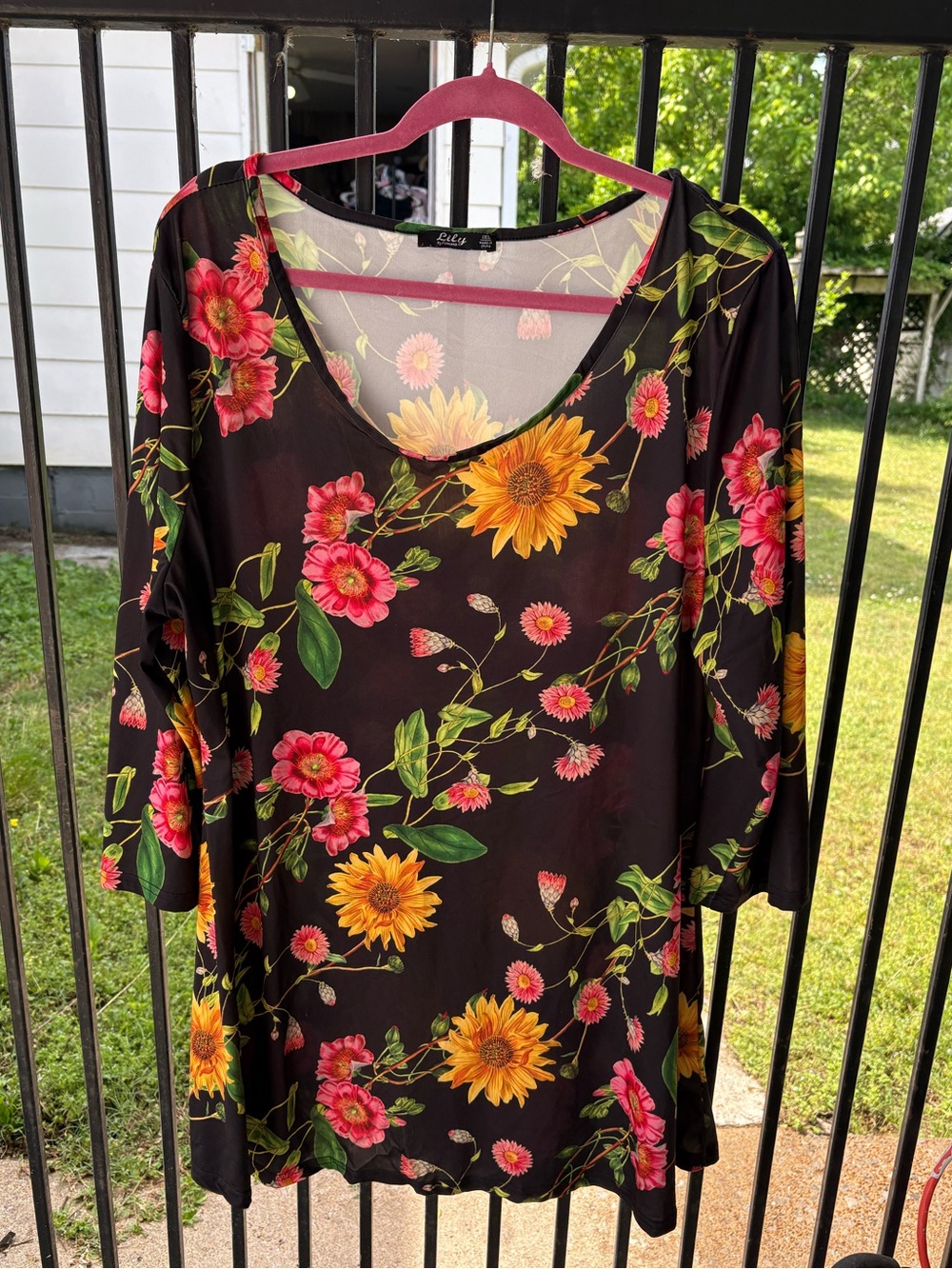 Lily Black Floral Tunic with Pink & Yellow Blooms